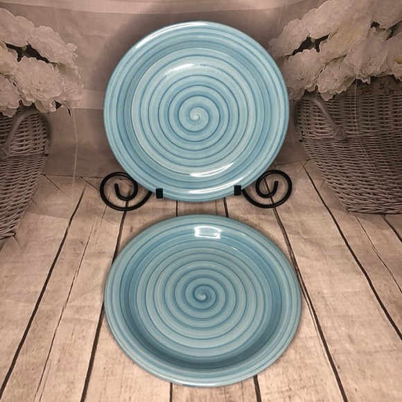 4 Citrus Grove Hand Painted Stoneware Swirl Light Blue And Yellow Dinner Plate - Picture 4 of 10